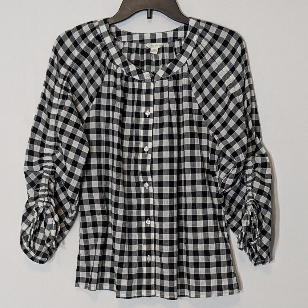 CATO Est 1946, Black & White Check Button Peasant Top; 3/4 Sleeves; Size XS